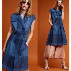 Anthropologie Eva Franco Midi Dress Blue Linen Plaid Trench Belt Boho Y2K Sz Sm